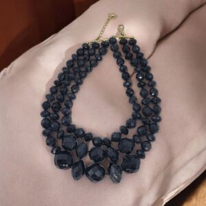 Vintage Kate Spade Chunky Black Marble Lucite Statement Necklace Gold Tone 3 Row